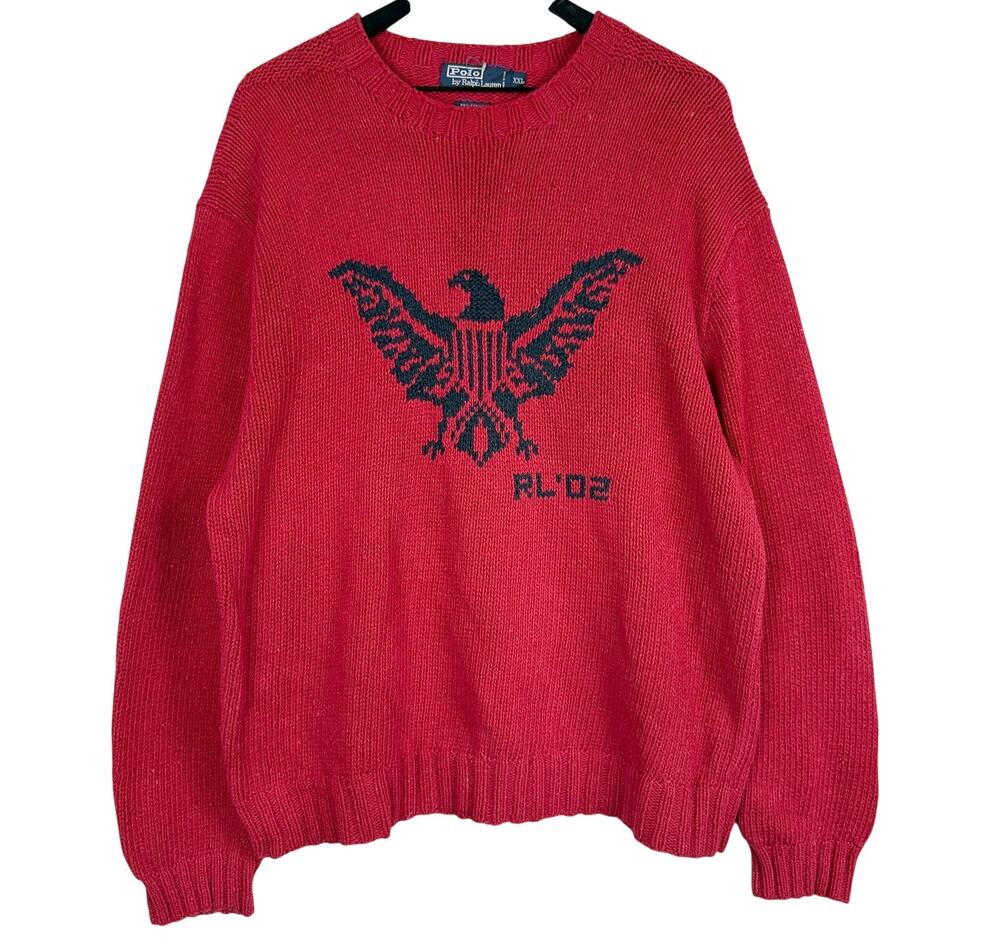 Vintage Polo Ralph Lauren Eagle RL '02 Knit Sweater Red Cotton Linen - 2XL XXL